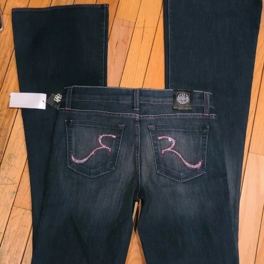 Vintage $330 sz. 27 NWT Women's Rock & Republic Crystal ROTH Jeans Bootcut 27